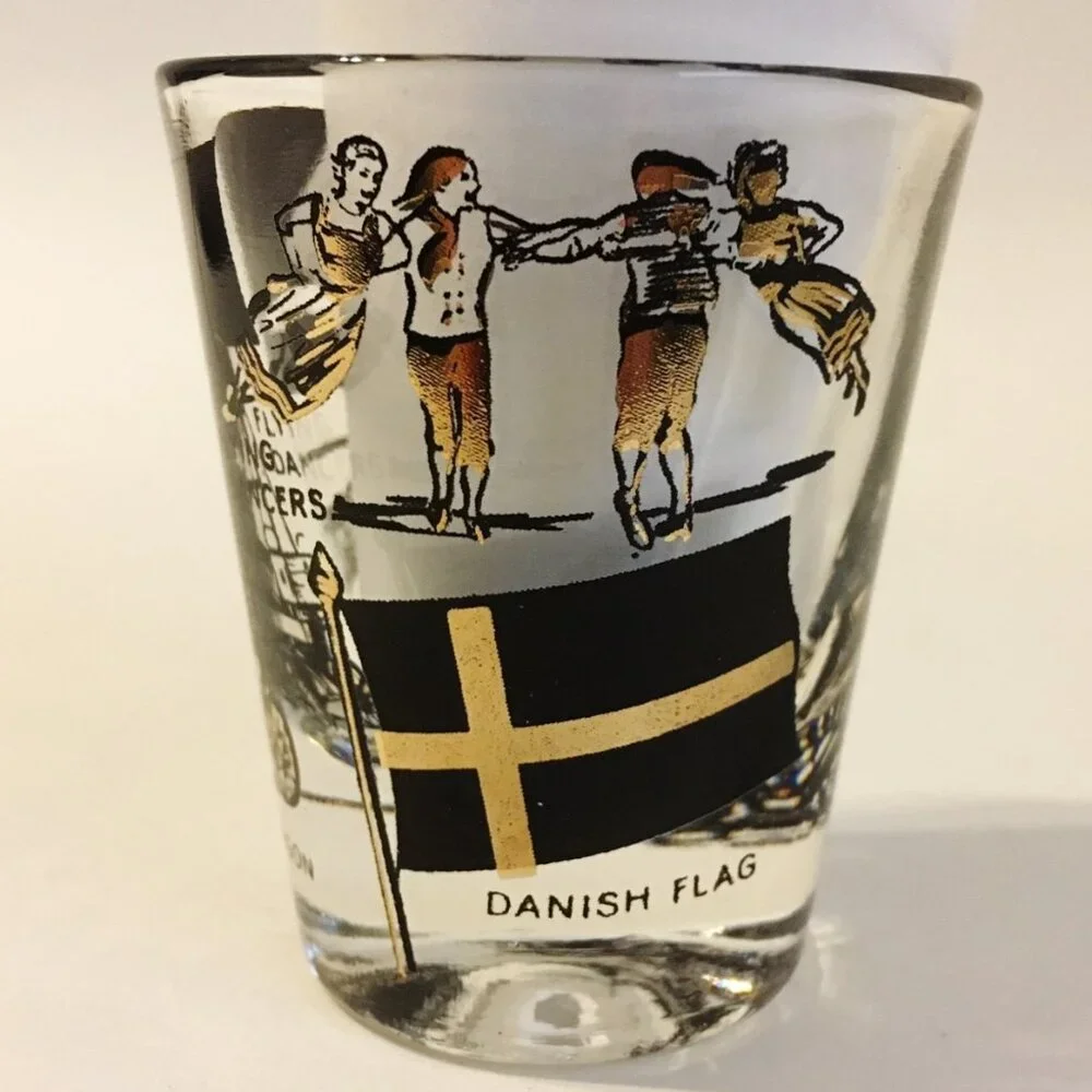 Shot Glass Solvang California Danish Town Windmill Dancers Flag Collectible Bar